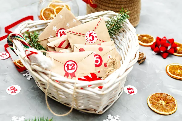 Advent Calendar Waiting Christmas Collection Small Envelopes Basket Numbers Tasks — Stock Photo, Image