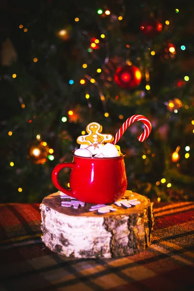 Tazza Rossa Con Cacao Marshmallow Pan Zenzero Fatto Casa Decorazioni — Foto Stock