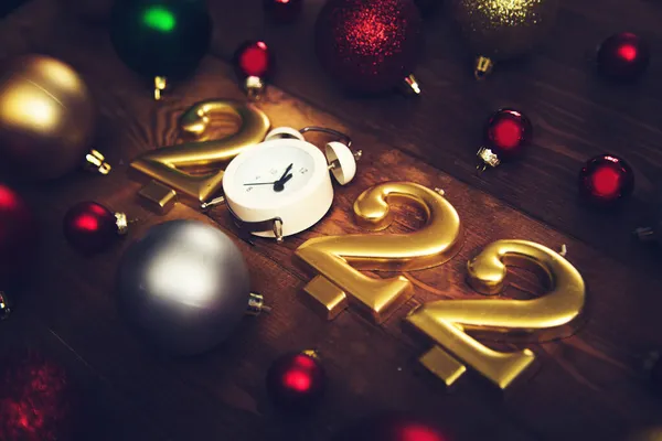 Candles Form Numbers 2022 Alarm Clock Showing Midnight Multicolored Christmas — Stock Photo, Image