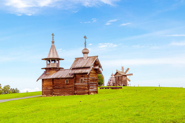 Open air museum Kizhi. Monuments of wooden architecture: churches and  windmill. Kizhi Island, Karelia, Russia. 