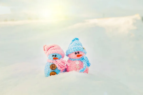 Carino Pupazzi Neve Fatti Casa Con Sciarpe Cappelli Racconto Inverno — Foto Stock