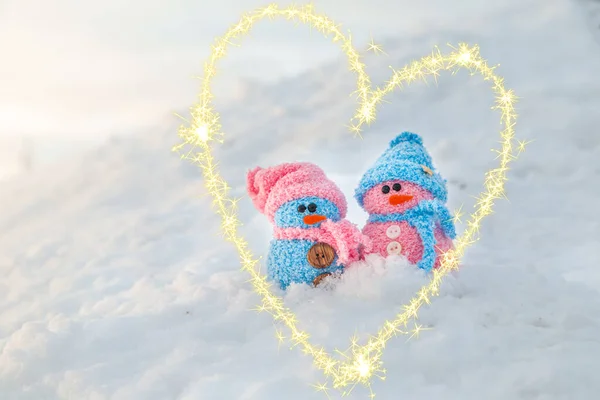 Cute Homemade Snowmen Heart Made Sparklers Valentine Day Card Winter — Foto Stock
