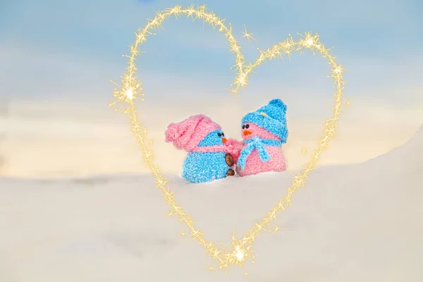 Cute Homemade Snowmen Heart Made Sparklers Valentine Day Card Winter — Stockfoto