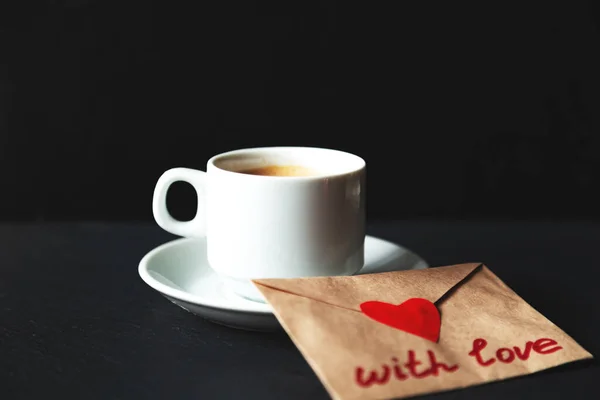 Cup Espresso Coffee Valentine Black Background Selective Focus — Stock Photo, Image