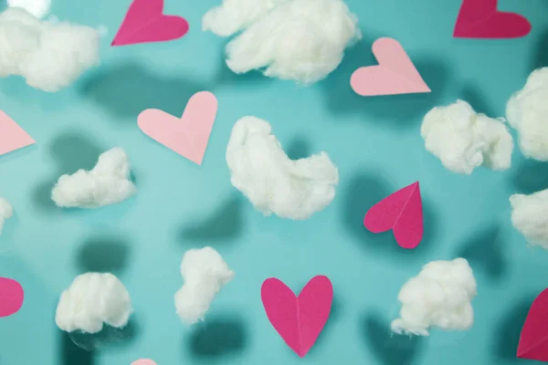 Pink Hearts Fly White Cotton Clouds Pastel Blue Background — Stock Photo, Image