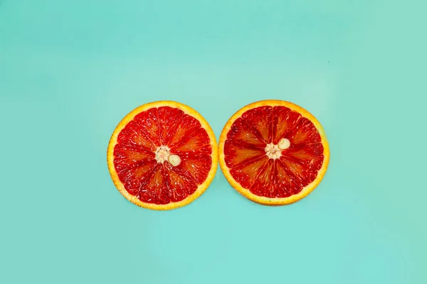 Whole Sliced Juicy Red Oranges Blue Background Food Background — Stock Photo, Image