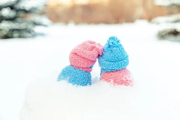 Roztomilé Domácí Sněhuláci Šátky Klobouky Pohled Zezadu Winter Tale Pozdrav — Stock fotografie