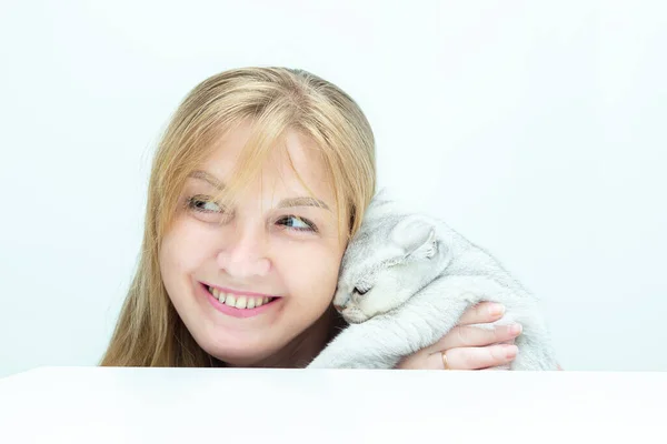 Adult Blond Woman Holding Silver British Cat Friendship Human Pet — Stock Photo, Image