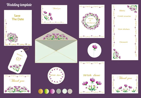 Vintage Invitations Weddings Set Cards Floral Ornaments Texts Gold Letters — Stock Vector