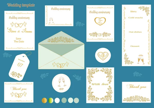 Düğünler için güzel, narin davetiyeler, çiçeklerle süslenmiş kartlar. İçinde altın harfler olan metinler. Dijital grafik illüstrasyonu 