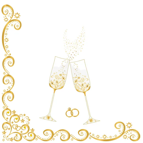 Süslü şampanya bardakları. Yüzüklerle, kalplerle, çiçeklerle dolu bir köşeden. Altın düğün kutlaması. Düğün davetiyeleri, kartlar, kutlamalar için kayıt ve tasarım fikri 