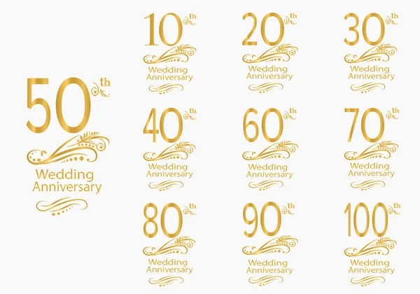 Ювілейні Логотипи Золотим Декором Святкових Весільних Заходів Ювілейних Листівок Весілля — стоковий вектор