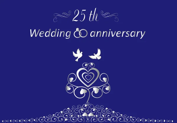 25Th Silver Wedding Cute Anniversary Card Wedding Rings Hearts Two — Stock Vector