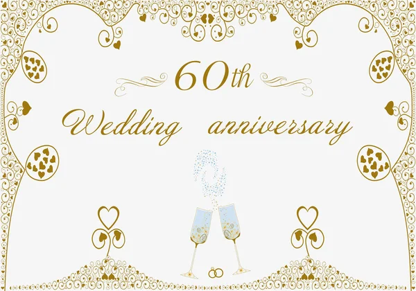 結婚60周年記念招待状 オリジナルの抽象的な美しいイラスト 黄金のパターン ダイヤモンドの結婚式 シャンパンのグラス 結婚指輪心臓 — ストックベクタ