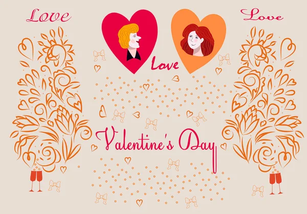 San Valentino Ragazzo Ragazza Cuore Doodle Flowers Template Cartoline Illustrazione — Vettoriale Stock