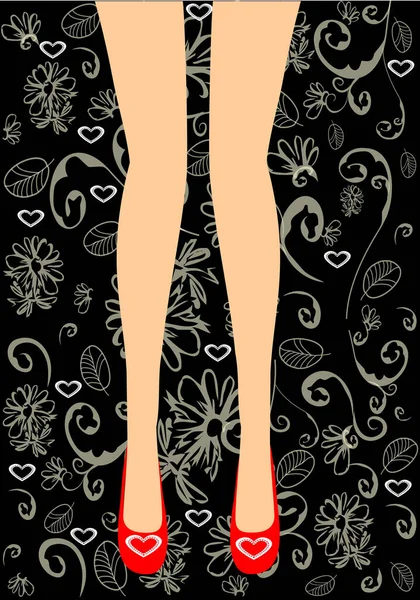 一个年轻姑娘穿着一双漂亮的长腿站在一个装饰着抽象花朵的背景上 身体部位 数字插图 用于时装设计 Advertisin — 图库矢量图片