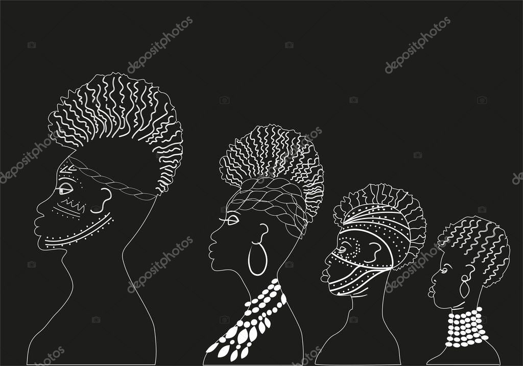 African family handmade brush. White on black. Face painting, symbols, ethnicity. Use for logos, avatars, business cards. Accessories, beads. Digital illustration. Print. Sample. Africa