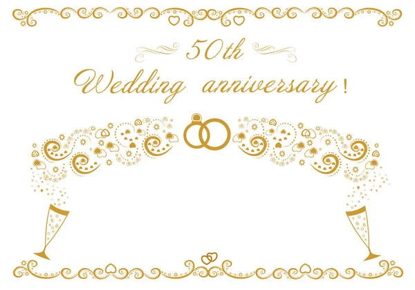 Selamlar ve yazışmalar için 50. evlilik yıldönümü kartı. Altın Yıldönümü düğününü kutluyor. Düğün davetiyesi beyaz arka plan. Düğün unsurları. resimleme 