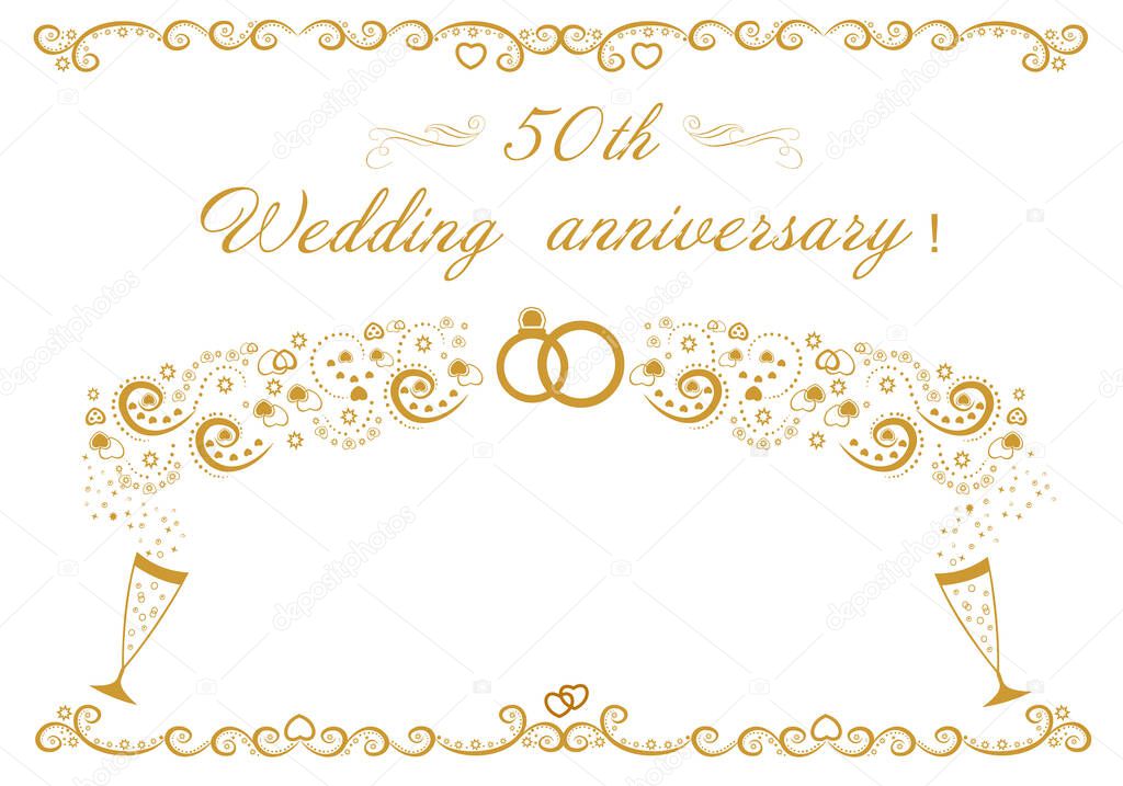50th wedding  anniversary card for greetings and writing text. Golden  Anniversary  celebrates wedding.Wedding invitation card white background. Wedding elements. illustration 