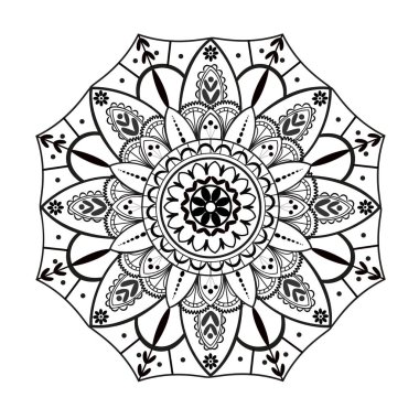 Dekoratif mandala. Renklendirme, meditasyon, yoga, dinlenme, rahatlama için şablon. Siyah ve beyaz. Zarif bir alaşım. Dijital illüstrasyon