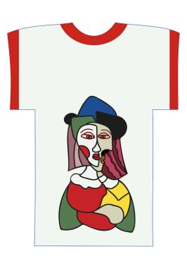 Tişört üzerinde fırçayla yapılan soyut bir portre. Moda. Karakter. Bir kafa iki yüzden oluşur. Yüz şekilleri değişmiş. Erkek ve kadın. Logo. Renk çizimi. Yazdır 