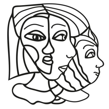 Bir fırça çizgisi ile çizilmiş soyut aile portresi. Moda. Robot resim. İç dekorasyon, ev eşyaları, giysilerdeki parmak izleri, çantalar için. Örnek. Çizim. Siyah ve beyaz