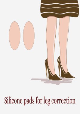 Kadın bacaklarının düzeltilmesi için silikon pedler. Örnek şablon. İnce bacaklı ayakkabılı kız. Reklamcılık. Poster. Düz dijital illüstrasyon