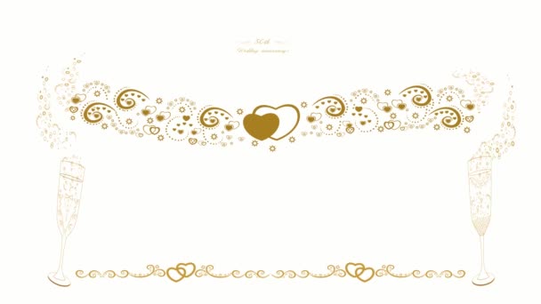 結婚50周年の美しいグラフィックアニメーション 金色だ 装飾的なパターンを持つ花嫁と新郎のための眼鏡 ゴールドのウェディングリングとハート ロマンチックな気分 — ストック動画