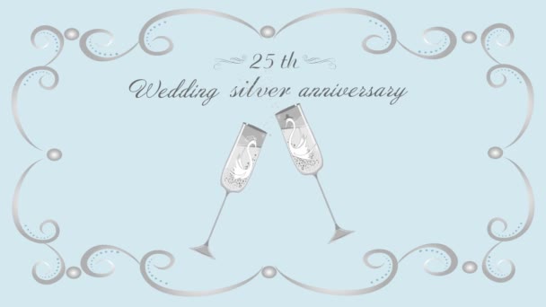 結婚25周年記念招待状 美しいグラフィックアニメーション 銀の記念日 シャンパンのグラス 装飾抽象的な花輪 — ストック動画