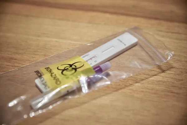 Closeup Used Corona Test Kit Plastic Bag Positive Corona Rapid — стоковое фото