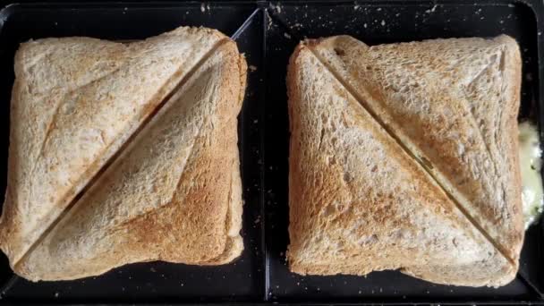 Primer Plano Dos Sándwiches Una Sandwichera — Vídeo de stock