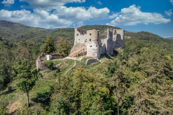 Aerial View Restoration Medieval Reviste Castle Hron Garam River Slovakia — Stock Photo, Image