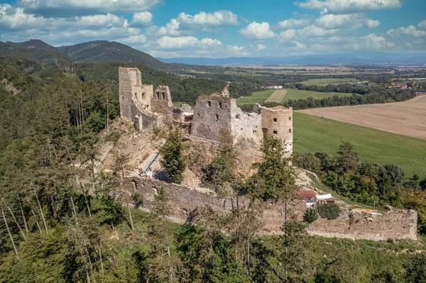 Aerial View Restoration Medieval Reviste Castle Hron Garam River Slovakia — Foto de Stock