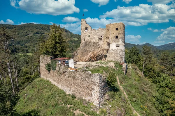 Aerial View Restoration Medieval Reviste Castle Hron Garam River Slovakia — Foto de Stock