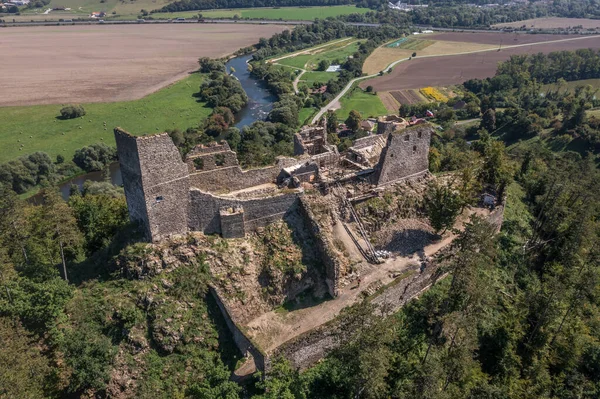 Aerial View Restoration Medieval Reviste Castle Hron Garam River Slovakia —  Fotos de Stock