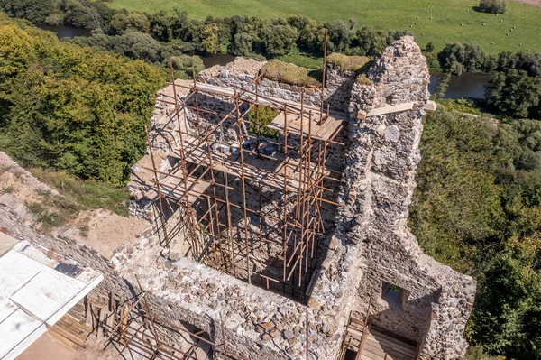 Aerial View Restoration Medieval Reviste Castle Hron Garam River Slovakia —  Fotos de Stock