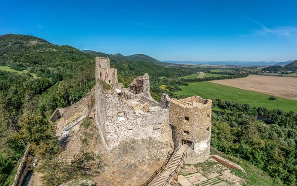 Aerial View Restoration Medieval Reviste Castle Hron Garam River Slovakia — Fotografia de Stock