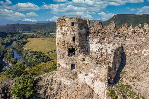 Aerial View Restoration Medieval Sasovsky Castle Hron Garam River Slovakia — Fotografia de Stock