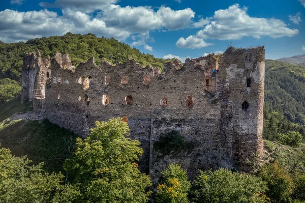 Aerial View Restoration Medieval Sasovsky Castle Hron Garam River Slovakia — Fotografia de Stock