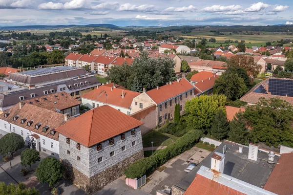 Luchtfoto Van Szecseny Nograd Provincie Hongarije Met Ommuurd Middeleeuws Centrum — Stockfoto
