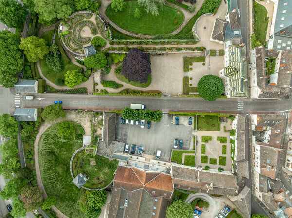 Aerial view of the former castle with four round bastions now a French garden in Beaune, Burgundy France