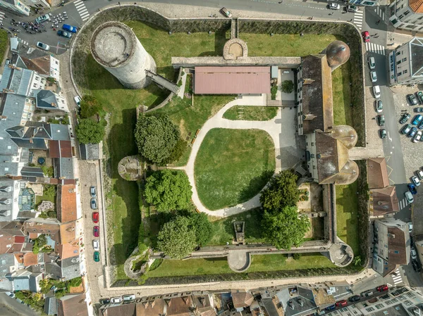 Ortaçağ Dourdan Şatosunun Tepeden Aşağı Uçuş Planı Sekiz Kuleye Sahip — Stok fotoğraf