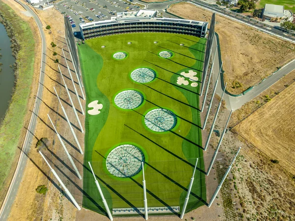 Aerial View Fenced Golf Driving Range High Tech Targets Rows — Stock Photo, Image