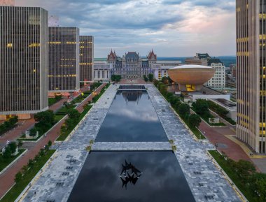 Aerial view of  Empire State Plaza with reflection pool, the Egg performing art center, New York State Capitol, Government buildings in Albany