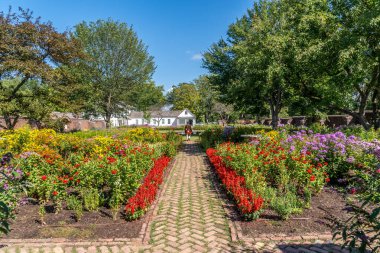 Colorful flowers in a historic garden with colonial soldier passing by 