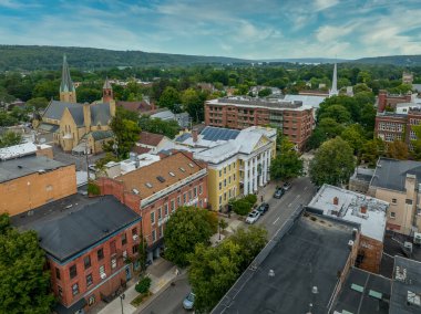Aerial view of Ithaca charter school Clinton House on Cayuga street downtown