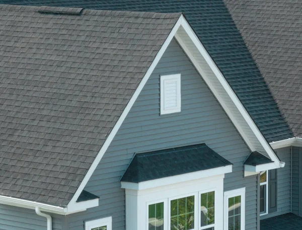 Close Aerial View Gable Roof White Soffit Blue Gray Horizontal — Stock Photo, Image