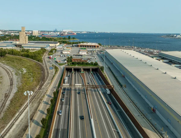 Aerial View Commuters Enter Bores Fort Mchenry Tunnel Baltimore Cross — Stock Photo, Image
