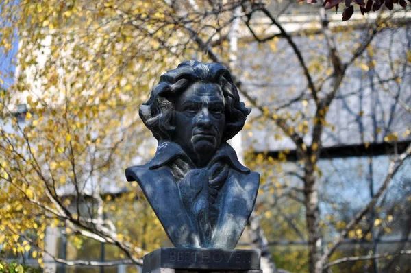 Ankara Türkiye. Kasım 2021. Metu parkındaki Beethoven 'ın bronz büstü. Ludwig van Beethoven, Batı müzik tarihinin en beğenilen bestecilerinden Alman besteci ve piyanist..