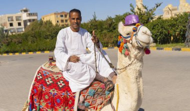 Turistik bir bölgede devenin üstünde oturan bir Arap..